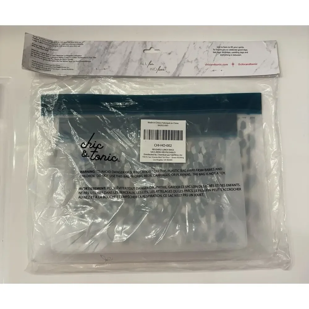 Chic & Tonic Reusable Lunch Bags Set Of 3 Freezer Safe BPA Free New In Package
